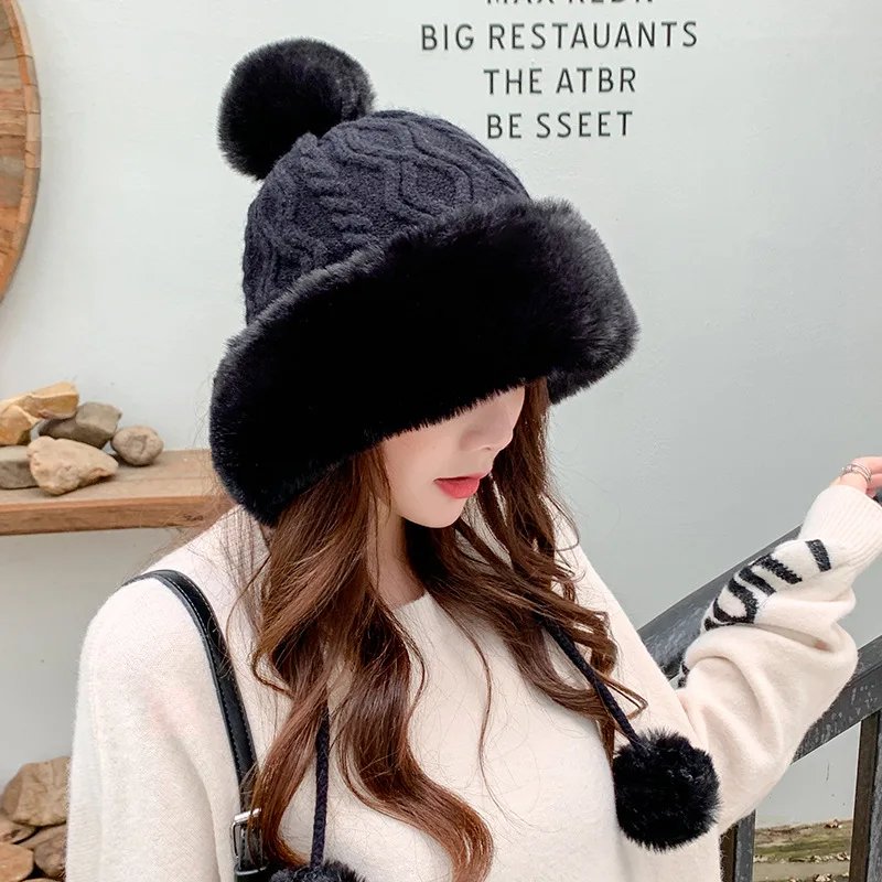 

WFF autumn and winter ladies pure cotton cashmere plus velvet pullover cap, cute plus velvet thick solid color knitted hat