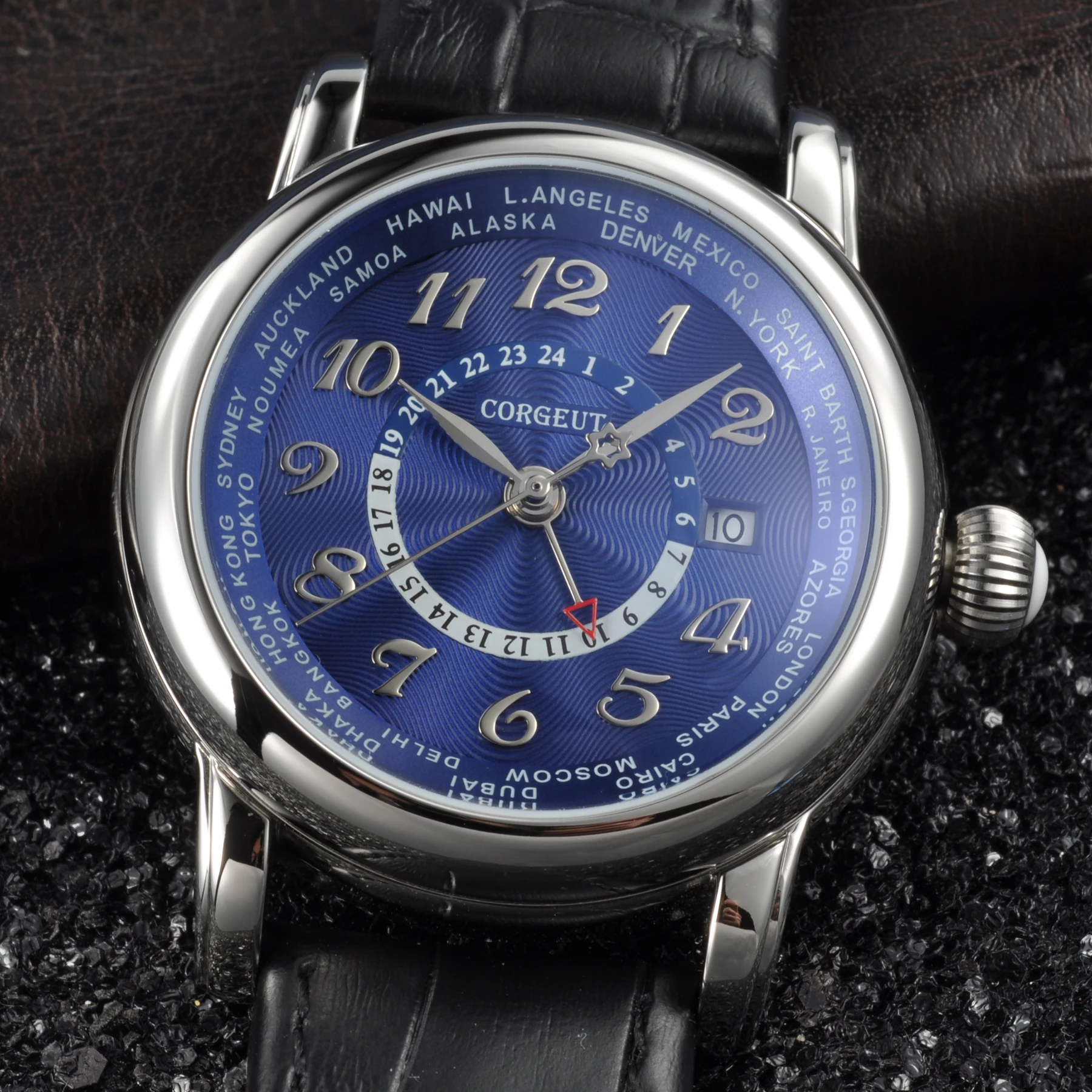 Corgeut 43 мм GMT черный циферблат чехол из нержавеющей стали Натуральная Кожа Дата