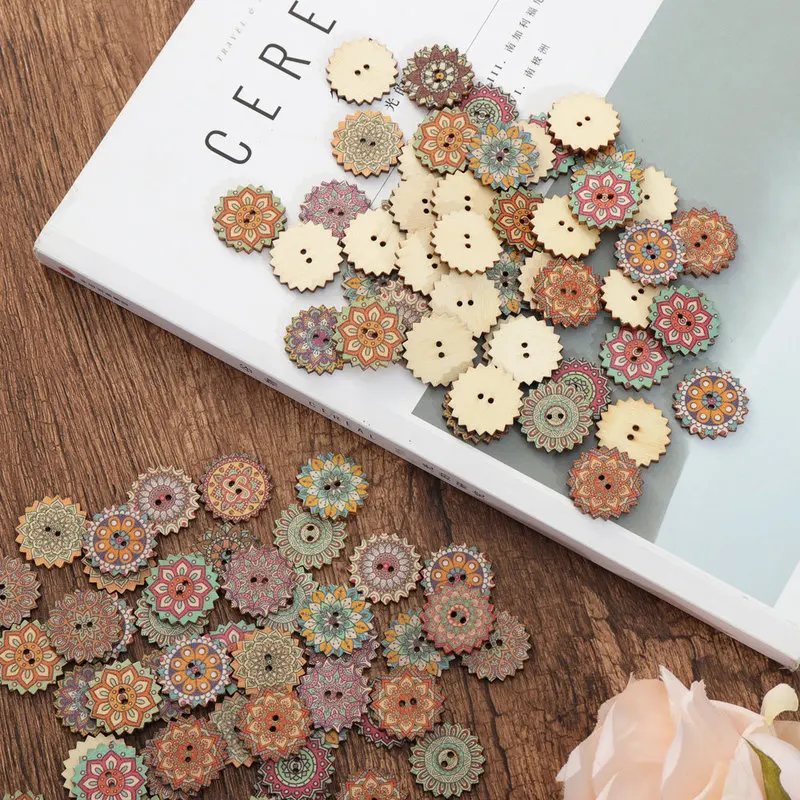 100 шт. круглые деревянные пуговицы с цветочным принтом 2 отверстиями 15 мм 25