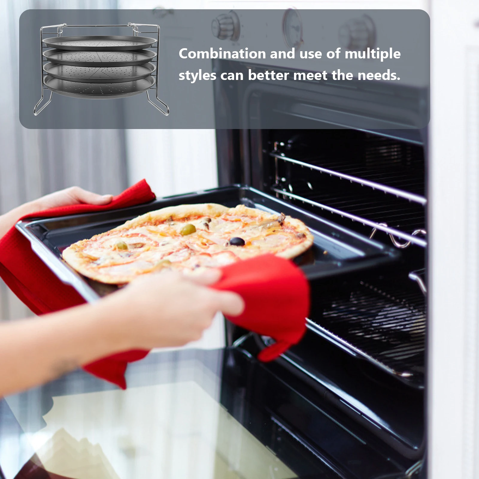 

1 Set Pizza Baking Pans With Holes 4-Layer Round Pizza Tray 12 Inches Baking Rack Carbon Steel Baking Tray Oven Cake Pan
