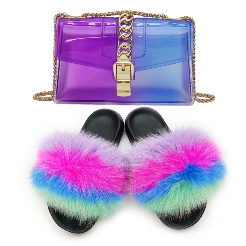 

Women's Cute Fluffy Fox Fur Slippers Colorful Jelly Bags Female Fur Shoe Purse Set Summer Ladies Fashion Colorful Flat Sandals