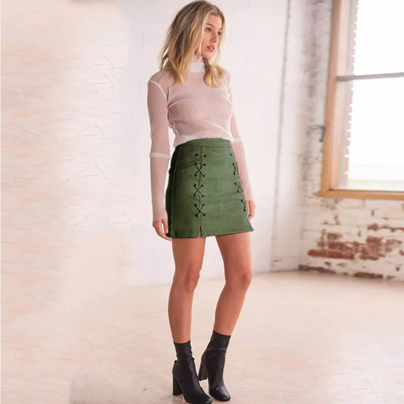 

Leather Suede Pencil Skirt For Women Mini Skirt 2021 Spring High Waist Short Bodycon Lace-Up Skirts Sexy Split Skirts Ladies