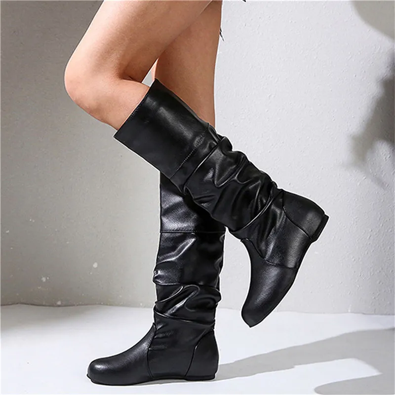 

Fashion Women PU Leather Knee High Boots Solid Slip-On Flat Rain Boots Round Toe Fashion Winter Ladies Shoes Size Large