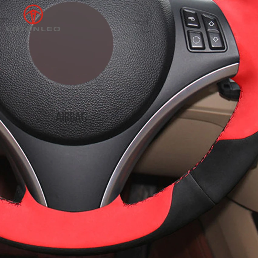 

LQTENLEO Black Red Suede Hand-stitched Car Steering Wheel Cover For BMW M Sport 3 Series E91 320i 325i 330i 335i M3 E90 E92 E93