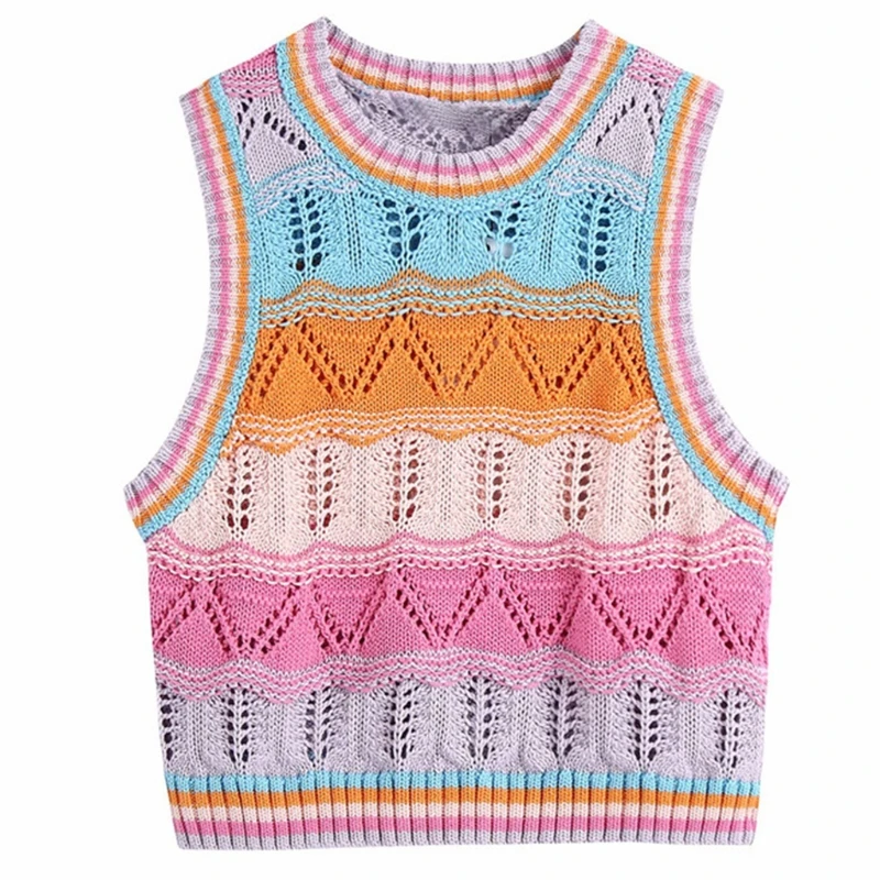 

X5XE Women Girls Rainbow Striped Knitted Sleeveless Vest Harajuku Hollow Out Crochet Jumper Crop Top Casual Slim Fit Sweater