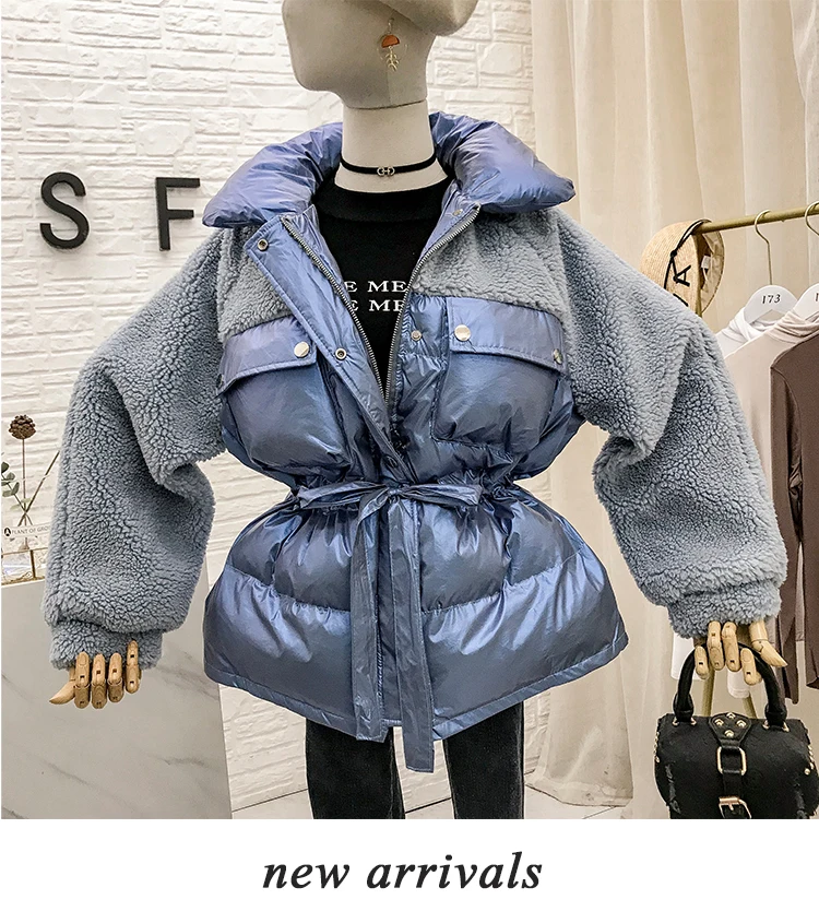 Mooirue Winter Casual Parkas Sherpa Fleece Patchwork Drawstring Lace Up Vintage Coats Harajuku Jackets Female white Coats