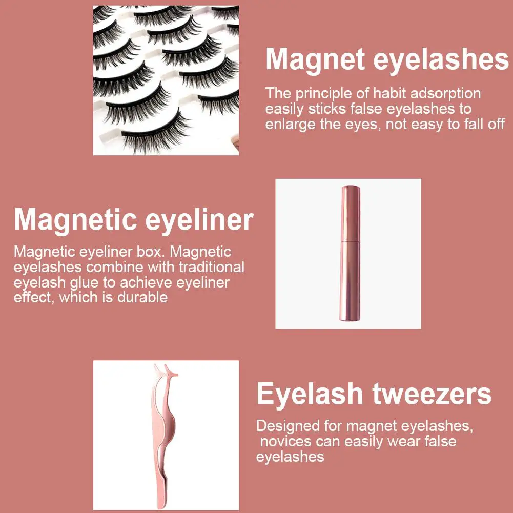 

14 Pairs Natural Handmade False Eyelashes Magnet Liquid Eyeliner Tweezers Set