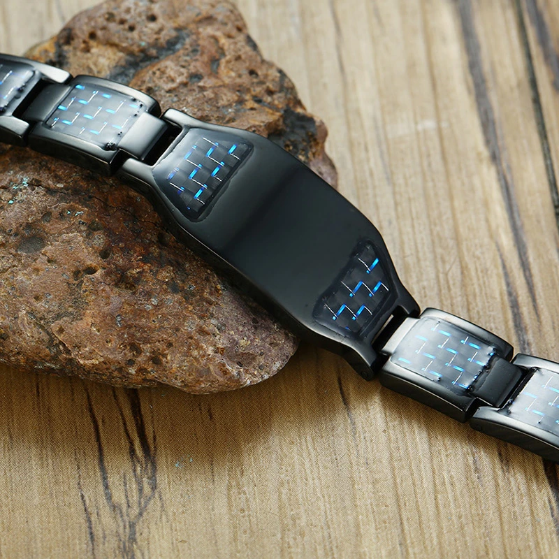 Мужской браслет на запястье из нержавеющей стали с синей вставкой углеродного