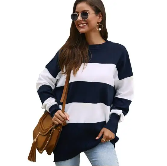 

Женский трикотажный пуловер в полоску, Желтый Повседневный свободный Свитер оверсайз с длинным рукавом и круглым вырезом, Осень-зима 2020