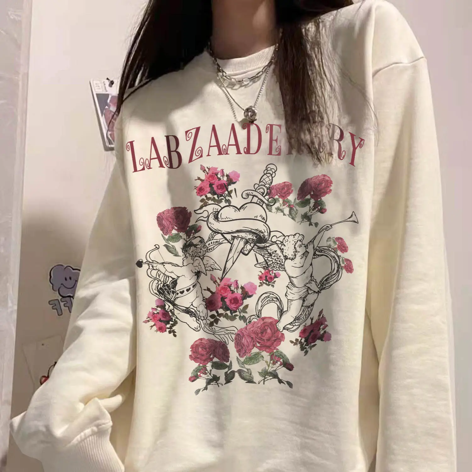 

2021 autumn streetwear angel print women's O-neck long-sleeved retro BF style sweatshirt lazy fashion sweatshirt women