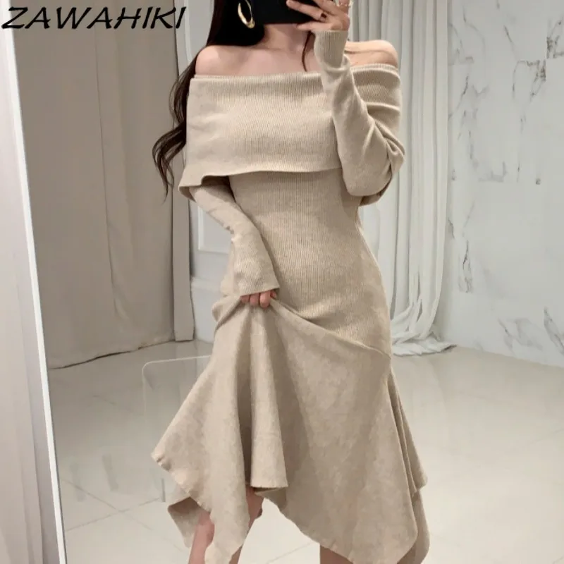 

ZAWAHIKI Long Sleeve Slash Neck Dress for Women French Slim Irregular Vestidos De Mujer Solid Elegant Korean Knitted Dresses
