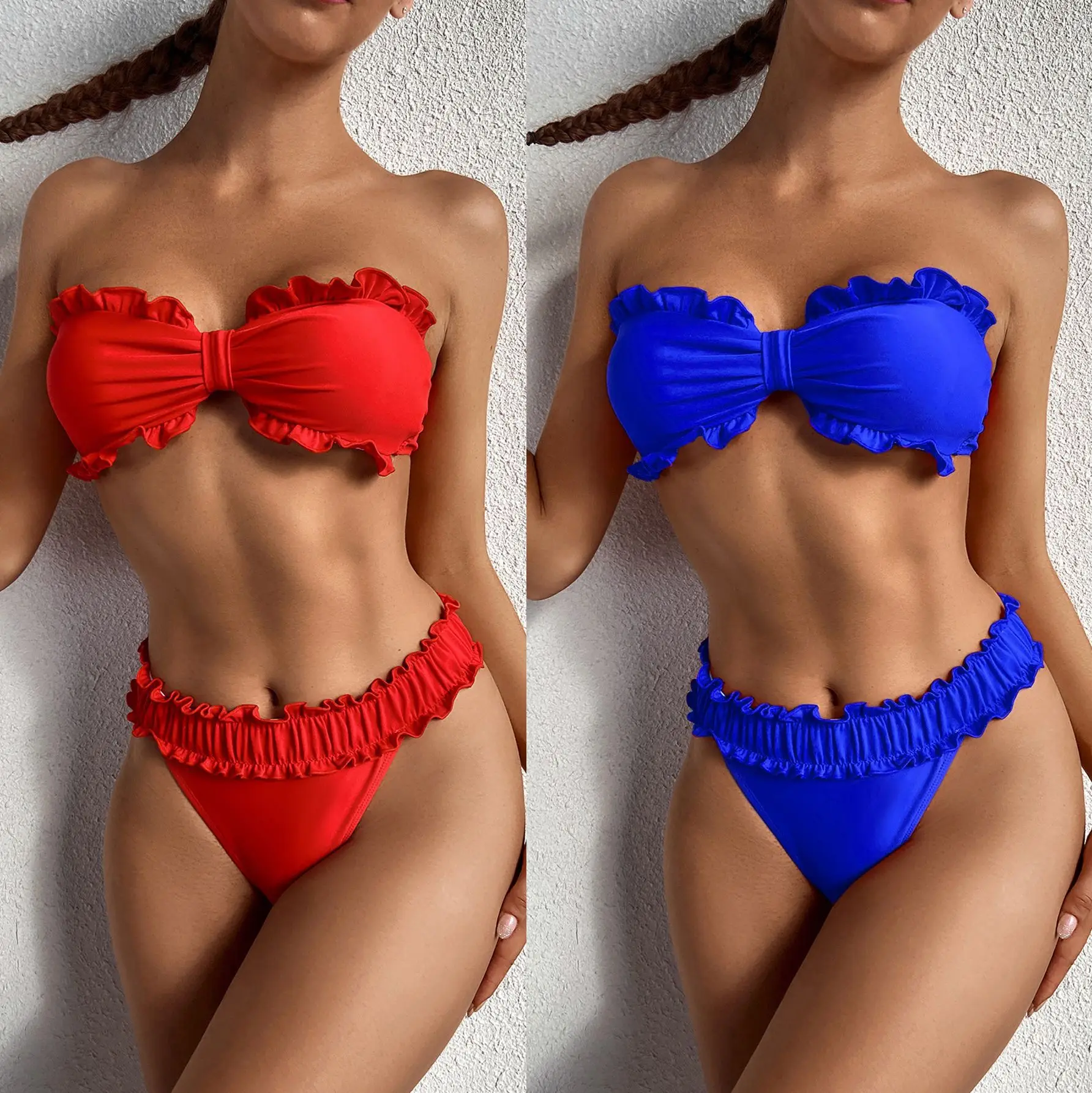 

2021 Solid Fungus Strapless Swimwear Bikinis Set Bra Top And High Waist Ruffle Thong Push Up Biquini Bathing Suit Swimsuit