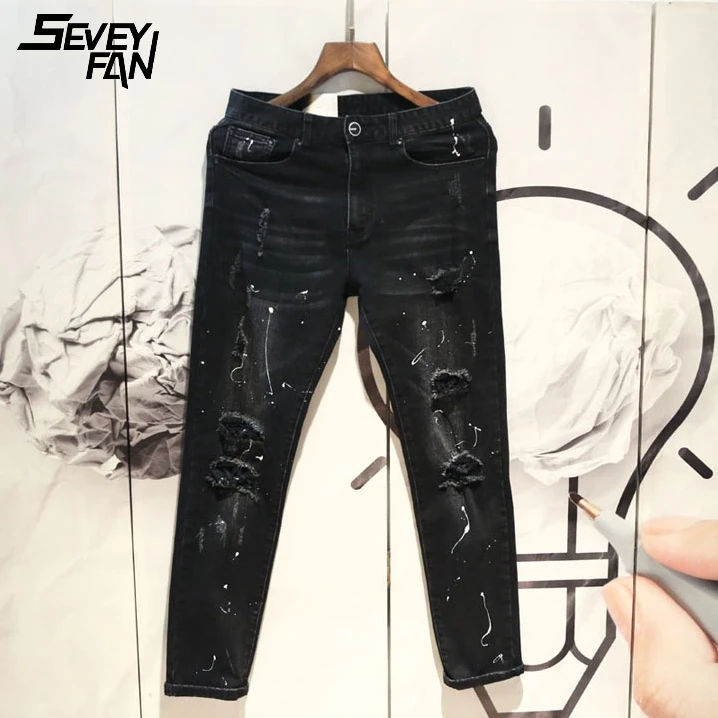 Рваные обтягивающие джинсы мужские потертые с дырками уличная одежда в стиле