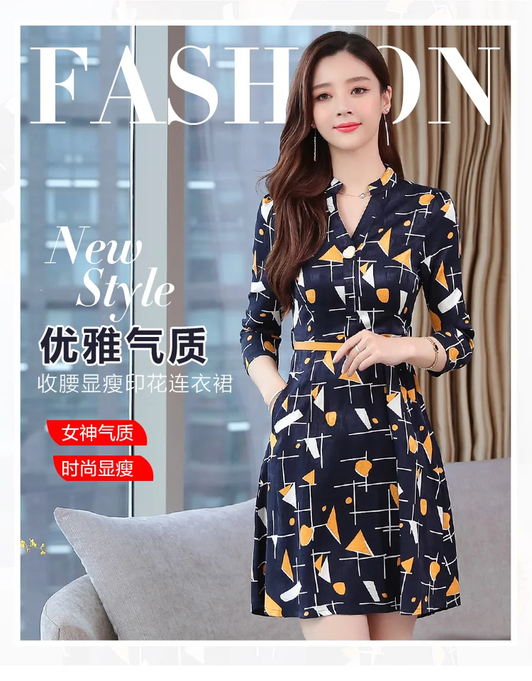 Vintage Print Chiffon Long Sleeve Mini Dress Autumn Winter Chic Plus Size Women Bodycon Dress Elegant Femal Party Vestidos