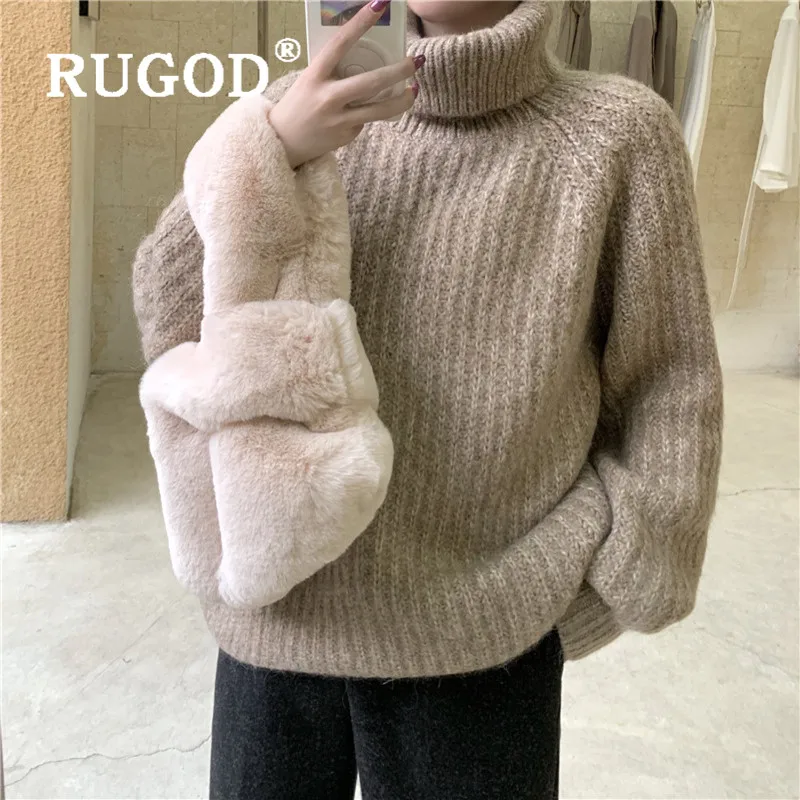 RUGOD свитер с высоким воротом Пушистый пуловер однотонный джемпер зимние топы для