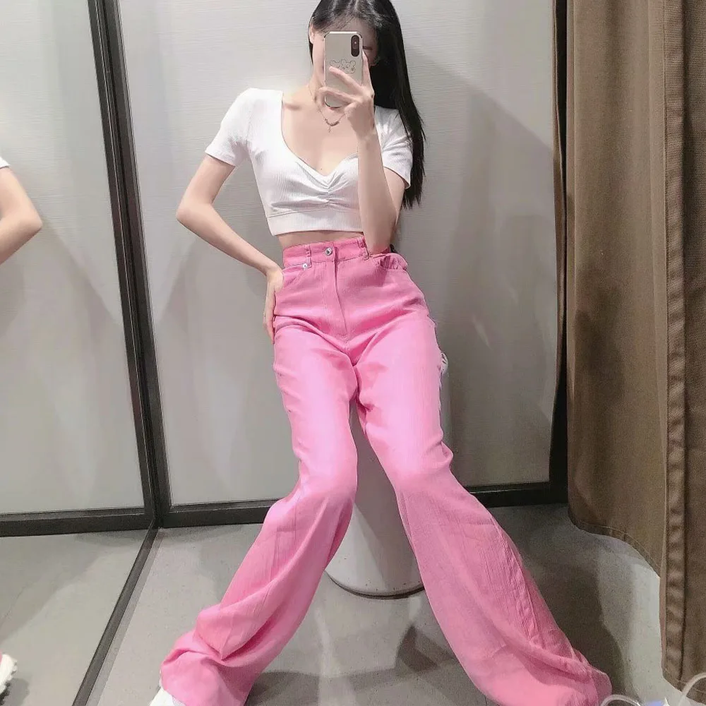 

2021 Za New Women Fashion Side Pockets Straight Pants Vintage High Waist Zipper Fly Line Decoration Female Trousers Mujer