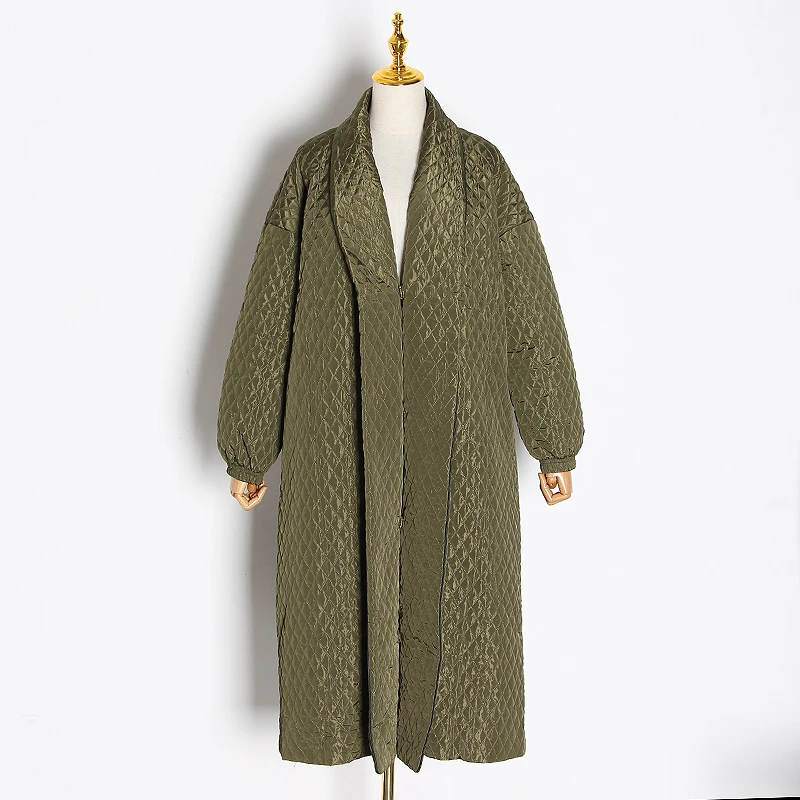 green TWOTWINSTYLE Argyle хлопковое пальто для женщин, воротник с лацканами, фонарь, длинный рукав, Свободная Женская парка, одежда, Зимняя мода, новинка - Цвет: green