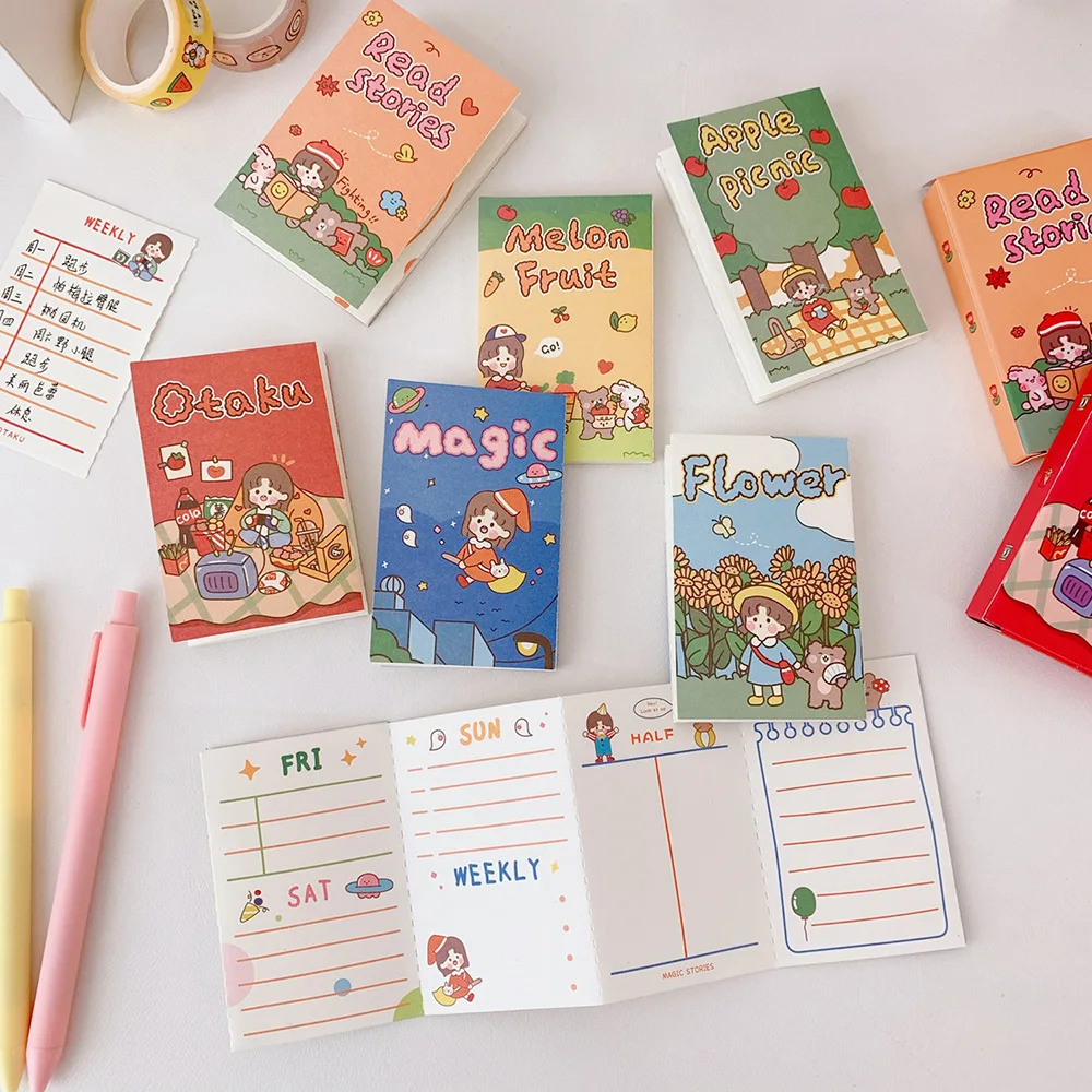 

Блокнот для записей с корейскими мультяшными девушками, 32 листа, складной, небольшой блокнот, планировщик, наклейки, творческий список дел, ...