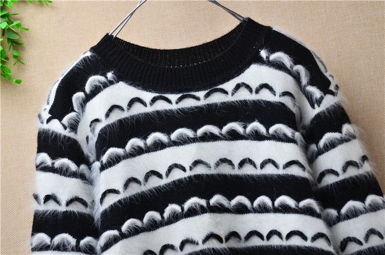 Black and white striped lace pattern sweater ladies bottom pullover velvet products Angora rabbit fur round neck | Женская одежда