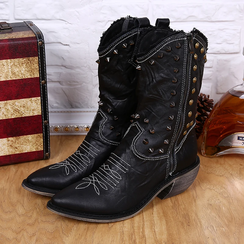 

Christia Bella Winter New Fashion Rivet Embroidery Men Long Boots Genuine Leather Men's Zipper Cowboy Boots Heighten Male Boots