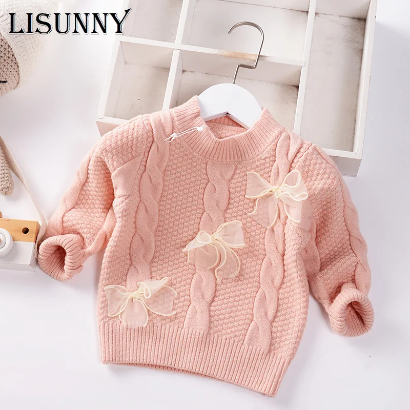 

Lolita Style Girls Sweater 2021 Autumn Winter Lace Bow Baby Jumper Children Sweaters Toddler Pullover Kids Knitted Clothes 1-5y