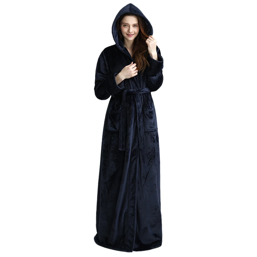 

Women Men Thickened Soft Cozy Flannel Hooded Bathrobe Couple Casual Ankle Length Sleepwear Solid Fashion Long Sleeve Winter Warm