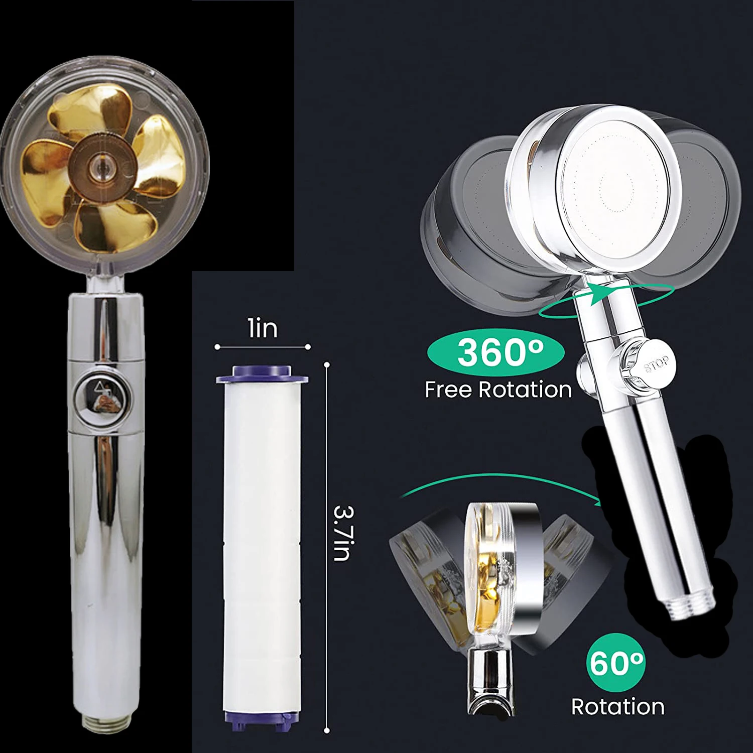 

Turbo Propeller Water Saving Shower Head with Hose and Holder High Preassure Showerhead Rainfall with Fan Bathroom Accessories