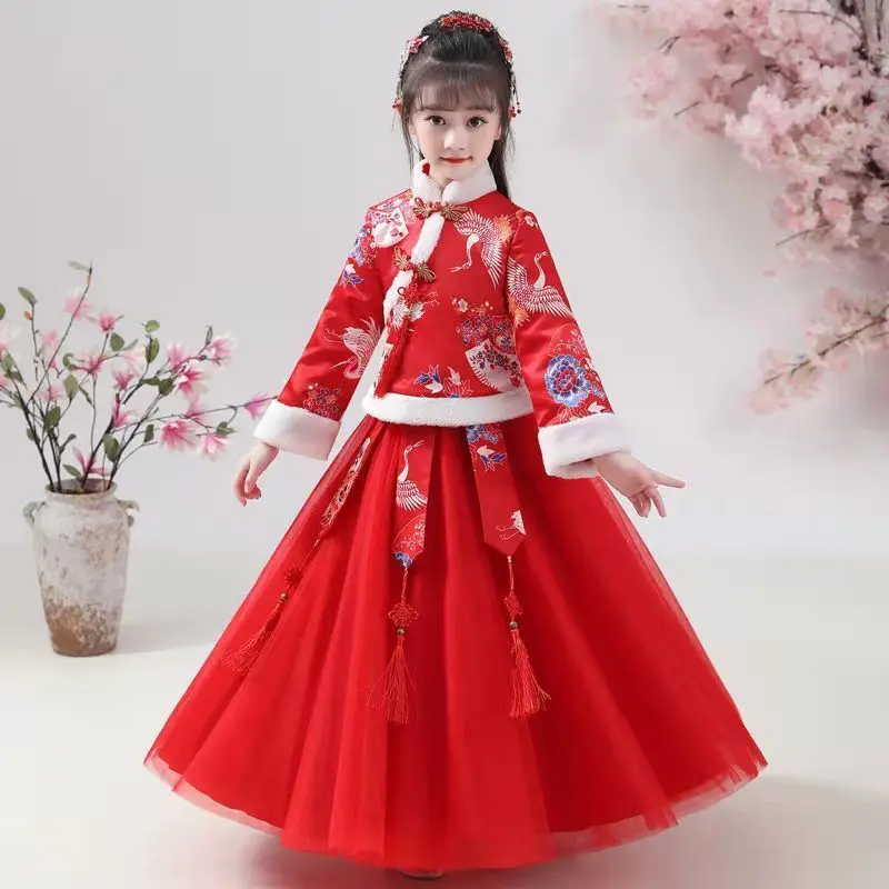 

Зимнее бархатное платье-Ципао для девочек, сказочное китайское Новогоднее платье ханьфу, теплый костюм Тан для девочек, детское празднично...