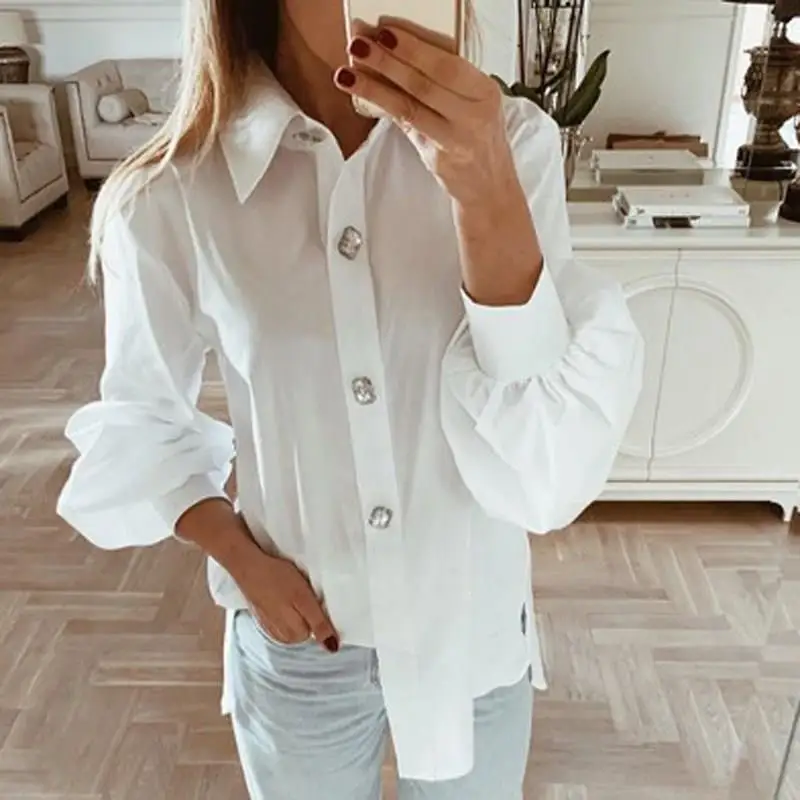 Модная Офисная Женская белая блузка с рукавом фонариком корейские элегантные