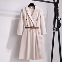 suit windbreaker dress woman korean chic autumn temperament elegant turn down collar pleated sashes waist solid dress