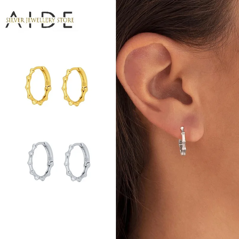 

AIDE Minimalism 925 Sterling Silver Hoop Earrings For Women Fashion Glossy Bamboo Shape Piercing Huggie Earings Jewelry brincos