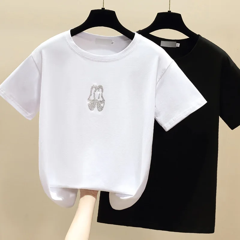 

T-shirt women's solid color short-sleeved summer stitching new white slim cotton round neck slim top Rhinestone T-shirt tide