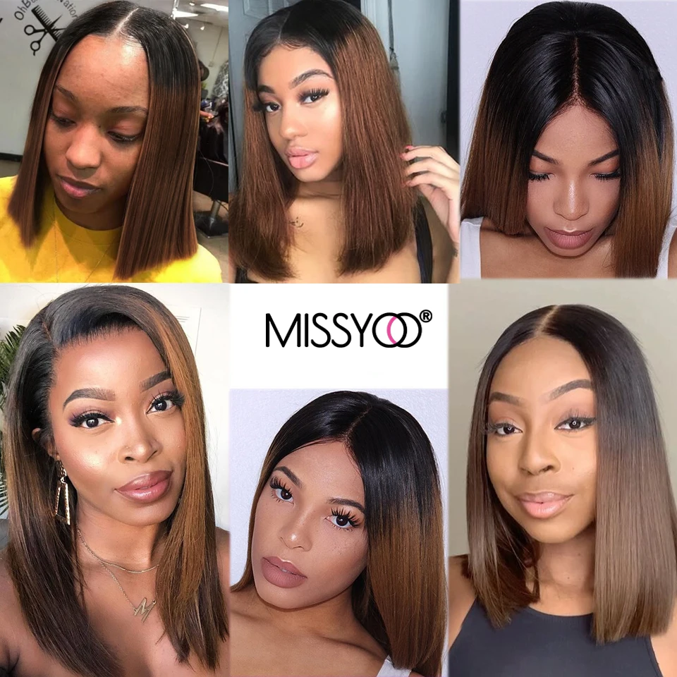 

Straight Short Bob 4x4 Lace Closure Human Hair Wigs Remy Brazilian Wigs Ombre Brown 13x1 Part Lace Wig For Black Women 1B4 Color