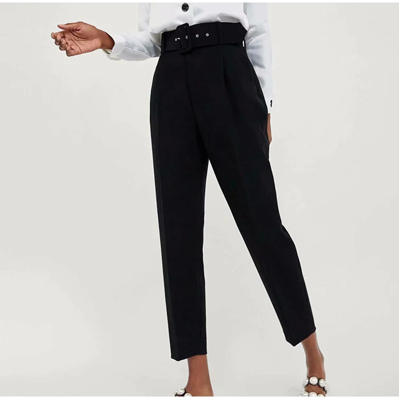 

Women's Pants High Waist With Belt Classic Pockets Office Lady Ankle-length Trousers Female 2021 Spring Fashion Pink Harem Pants