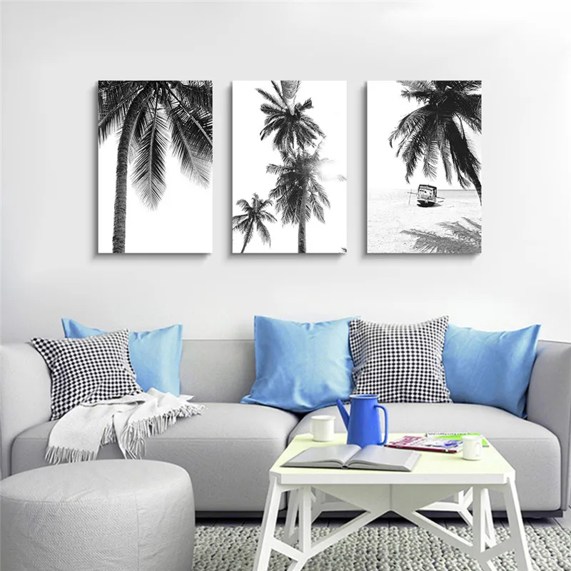 Palm Tree Prints Set of 3 Wall Art Tropical Beach Decoration Picture Black and White Landscape Canvas Painting Poster Home | Дом и сад