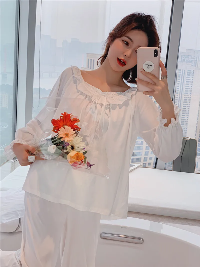 

Pajamas Women Soft Modal Sleep Set Loose Sleepwear White Long Sleeve Nightwear Sweet Pijamas Suit Cute Lovely Home Clothes