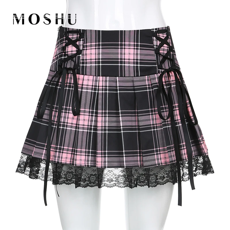 

Summer Skirts Women Plaid Skirts High Waist Pleated Skirts Female Lace Up Sexy Jupe Femme Black Streetwear Mini Skirt