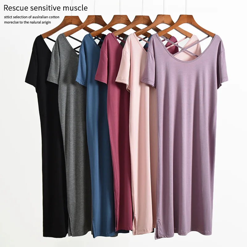 Modal Nightdress Women's Summer Lovely Short Sleeve Thin Summer Loose Simple Sexy Open Back Can Wear A Beautiful Back Nightdress