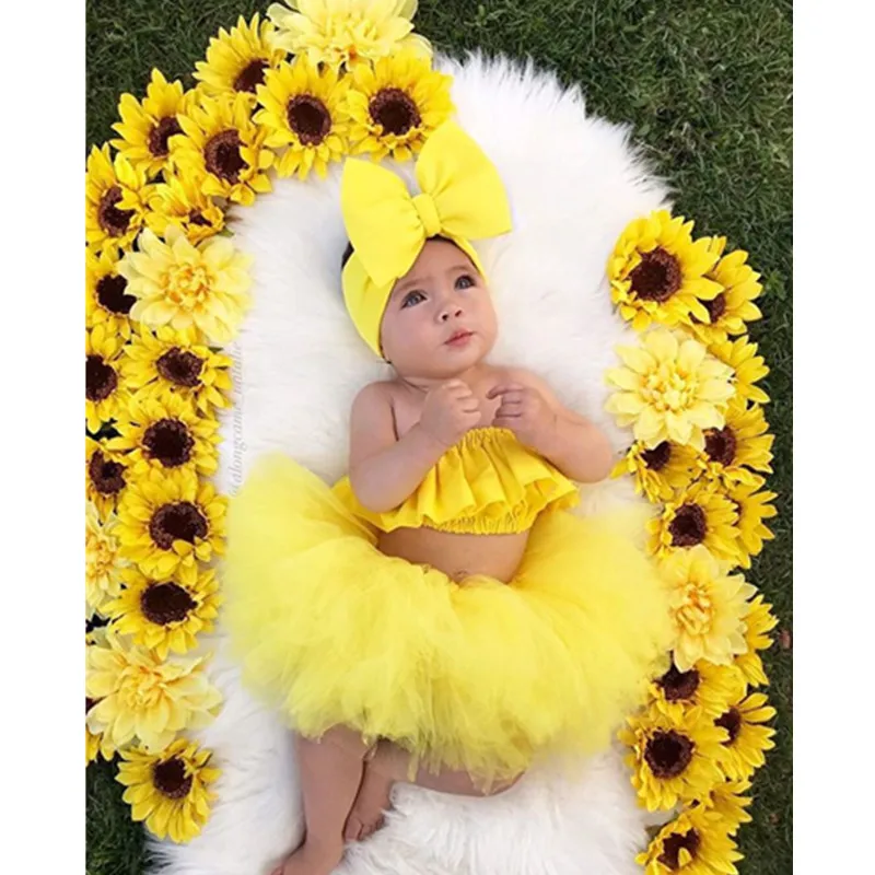 

3PCS Toddler Kids Baby Girl Clothes Sets Yellow Sleeveless Vest Tops + Lace Tulle Tutu Skirt + Headband Set fashion outfits