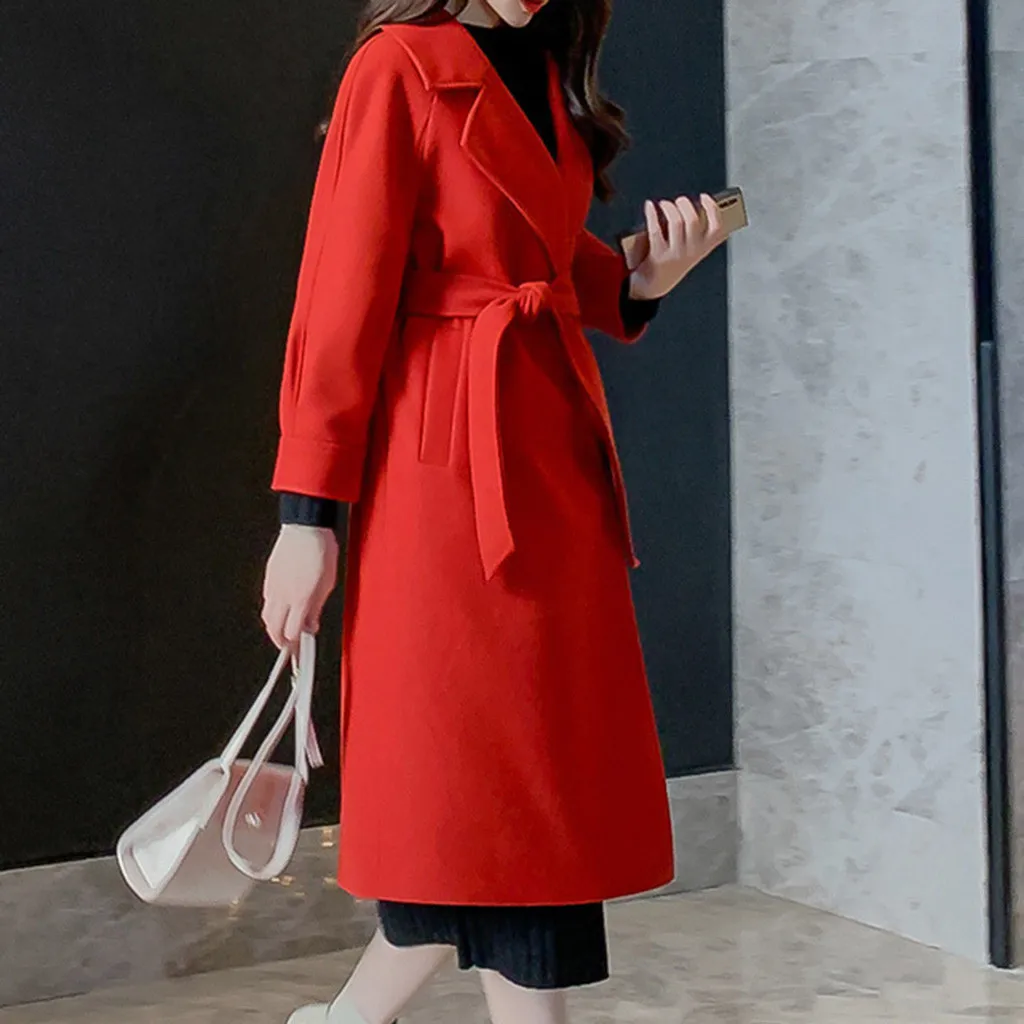 Новая мода 2019 Женское зимнее шерстяное пальто с лацканами удлиненный верхний