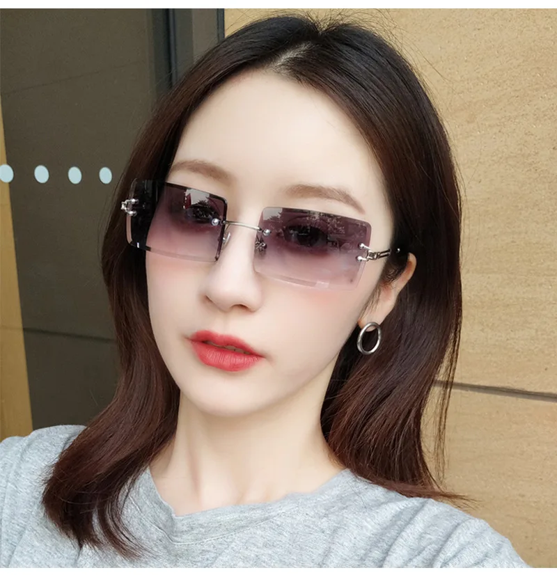 

2021 New Women Retro Sunglasses Rimless Gradient Sun Glasses Shades Cutting Lens Sun Glasses Female Oculos De Sol Feminino UV400