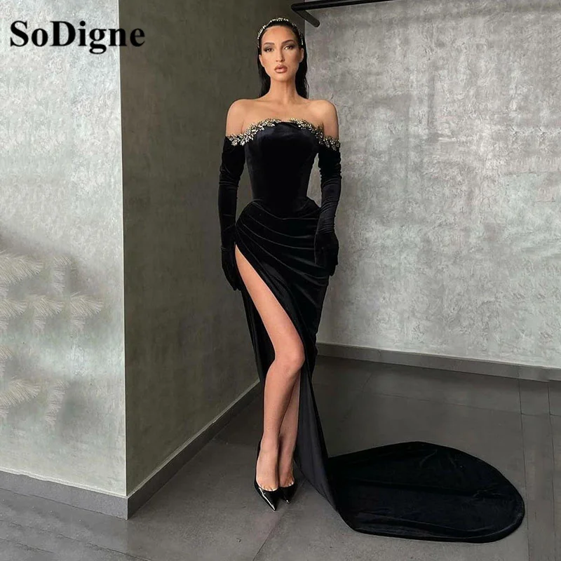 SoDigne Black Satin Long Side Slit Party Night Dress Off Shoulder Sweetheart Long Sleeves Evening Dresses Prom Gowns Vestido (0)