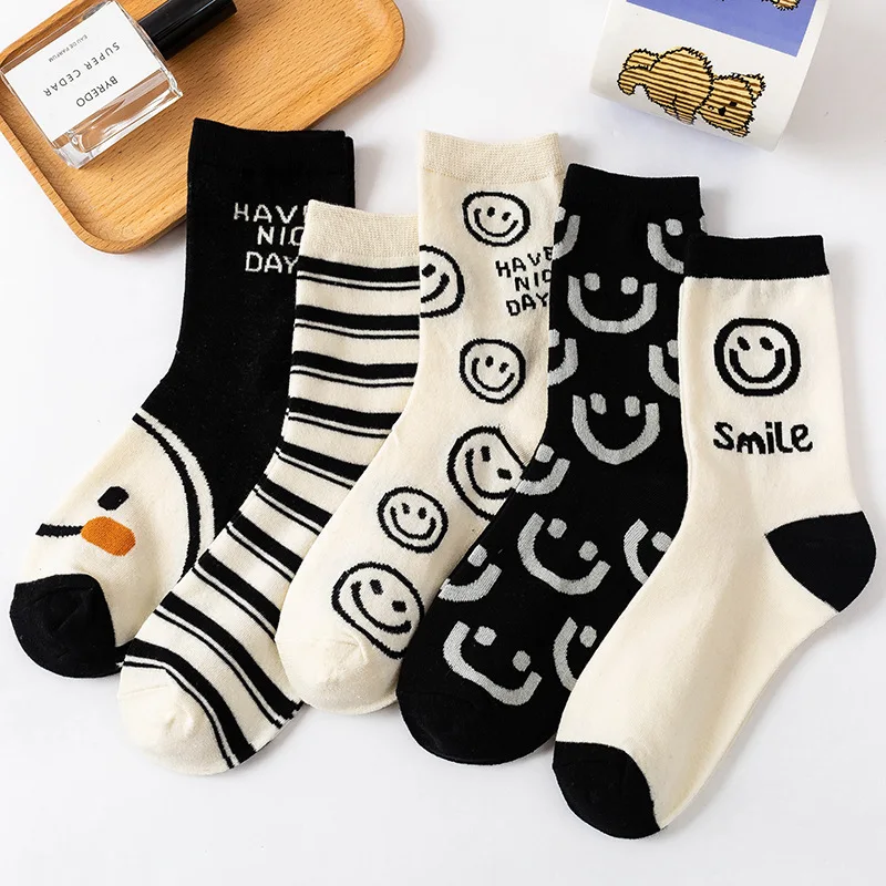 

Black White Smiley Face Socks Female High Tube Socks Ins Wind Cartoon Striped Cute Autumn Winter Jacquard Soft Cotton Socks