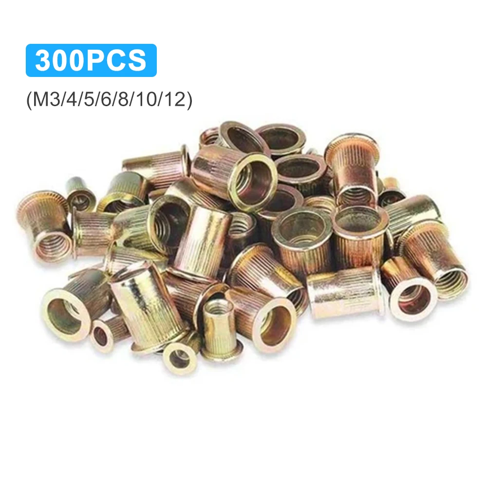 

300Pcs Assorted Rivet Nut Set 6-32 8-32 10-24 10-32 1/4-20 M3 M4 M5 M6 M8 Mixed Zinc Plated Carbon Steel Flat Head Rivet Nut Kit