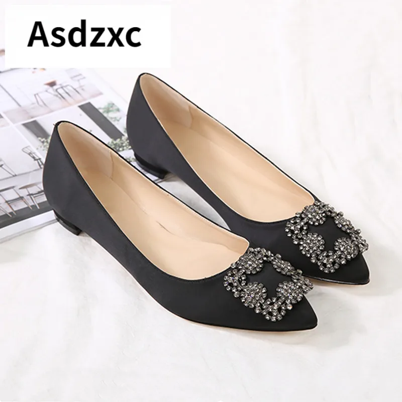 

Black Satin Cloth Flats Shoes Woman Basic 2021 Fashion Sequined Rhinestones Crystal Diamond Flats Bridal Shoe Work Women Shoes