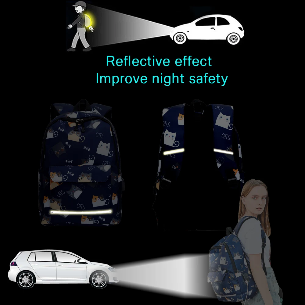 USB Charging Reflective School Bags for Teenage Girls Waterproof High School Backpack Women Student Book Bag Travel Backpacks