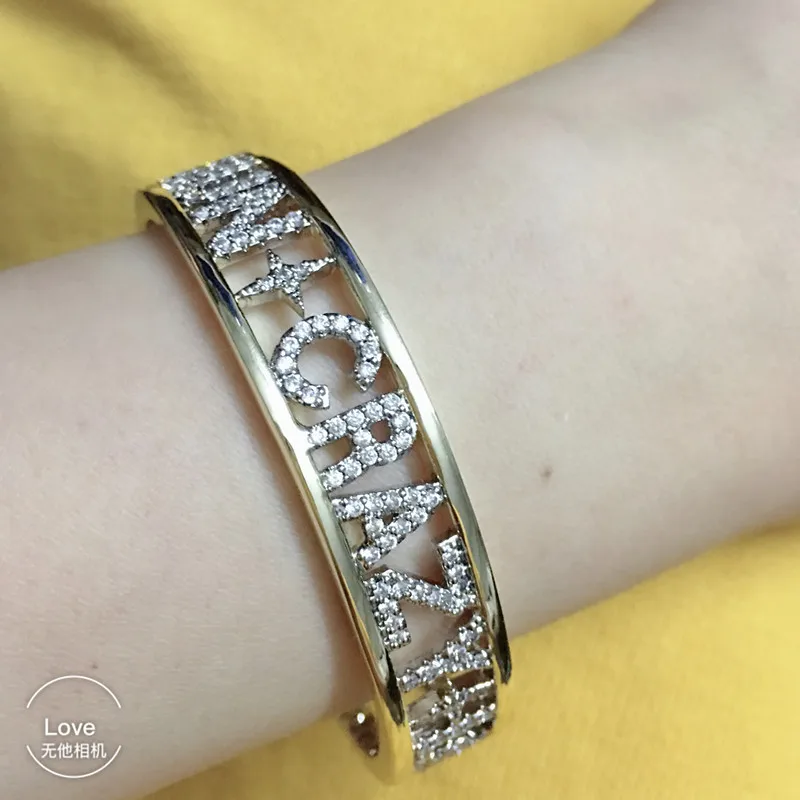 women female bangle zircon wide lettter BIG MAC SMILE FUN CRAZY LOVE AMORE AMOUR LOVE CRAZY bracelet positive sentence bangle