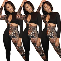 womens sexy fashion personality nightclub wear jumpsuit hollow leopard print asymmetric stitching jumpsuit