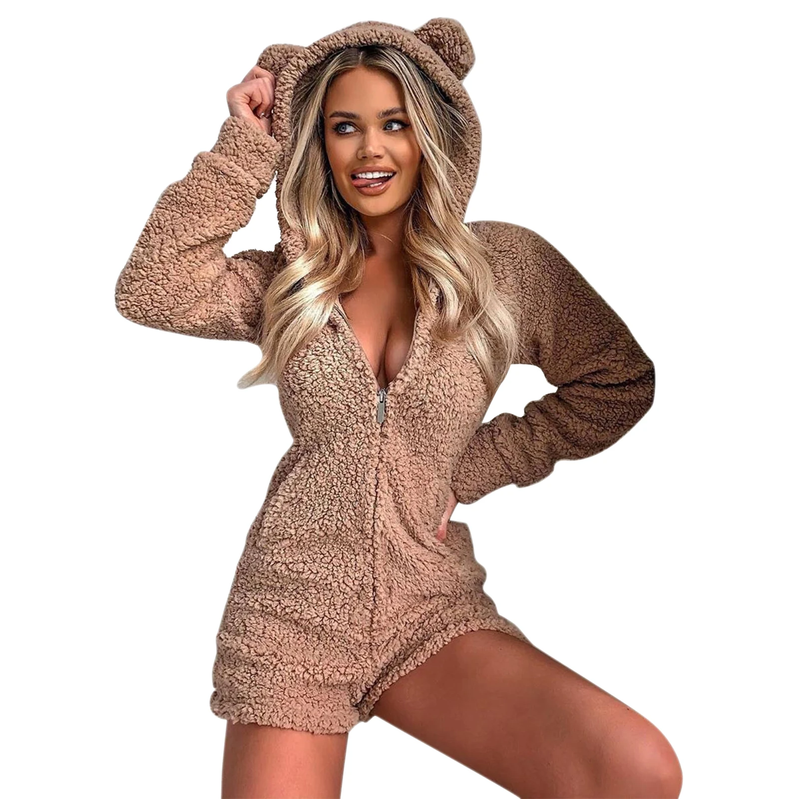 Женские милые сексуальные однотонные плюшевые комбинезоны с капюшоном