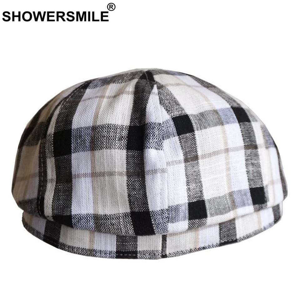 SHOWERSMILE мужские кепки газетчика летние льняные с плоским верхом белые клетчатые
